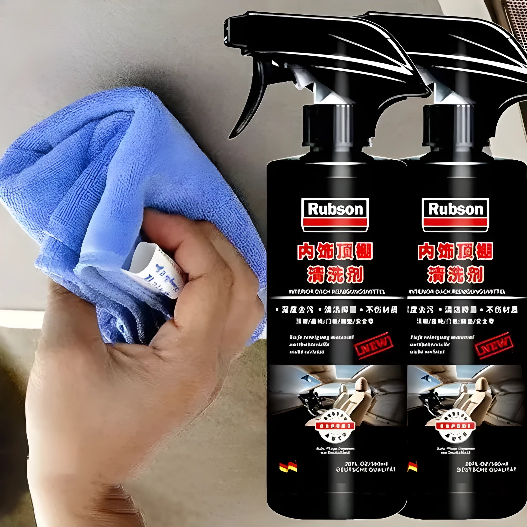 Bottles of ultrasonic fabric roof foam decontamination cleaner with towel and sponge wipe accessories.
