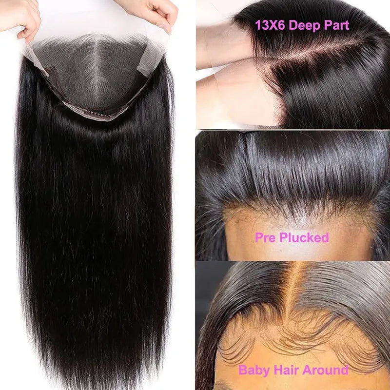 Straight black human hair wig with 13x6 lace front construction on display