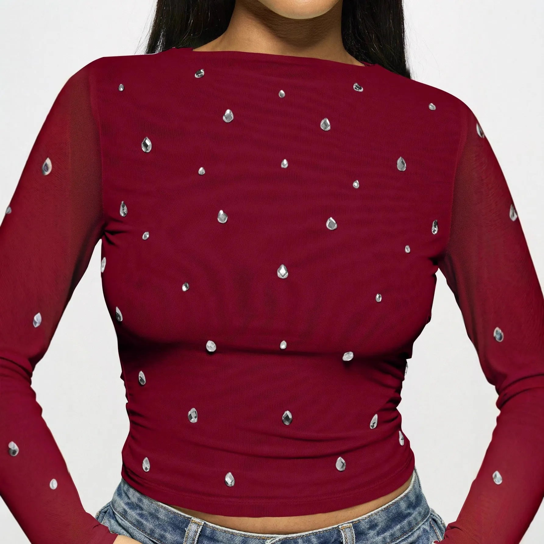 Women's wine red double-layer mesh rhinestone long sleeve pullover top side view