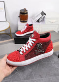Men's black genuine leather high top skeleton shoes with lace-up closure and rubber soles