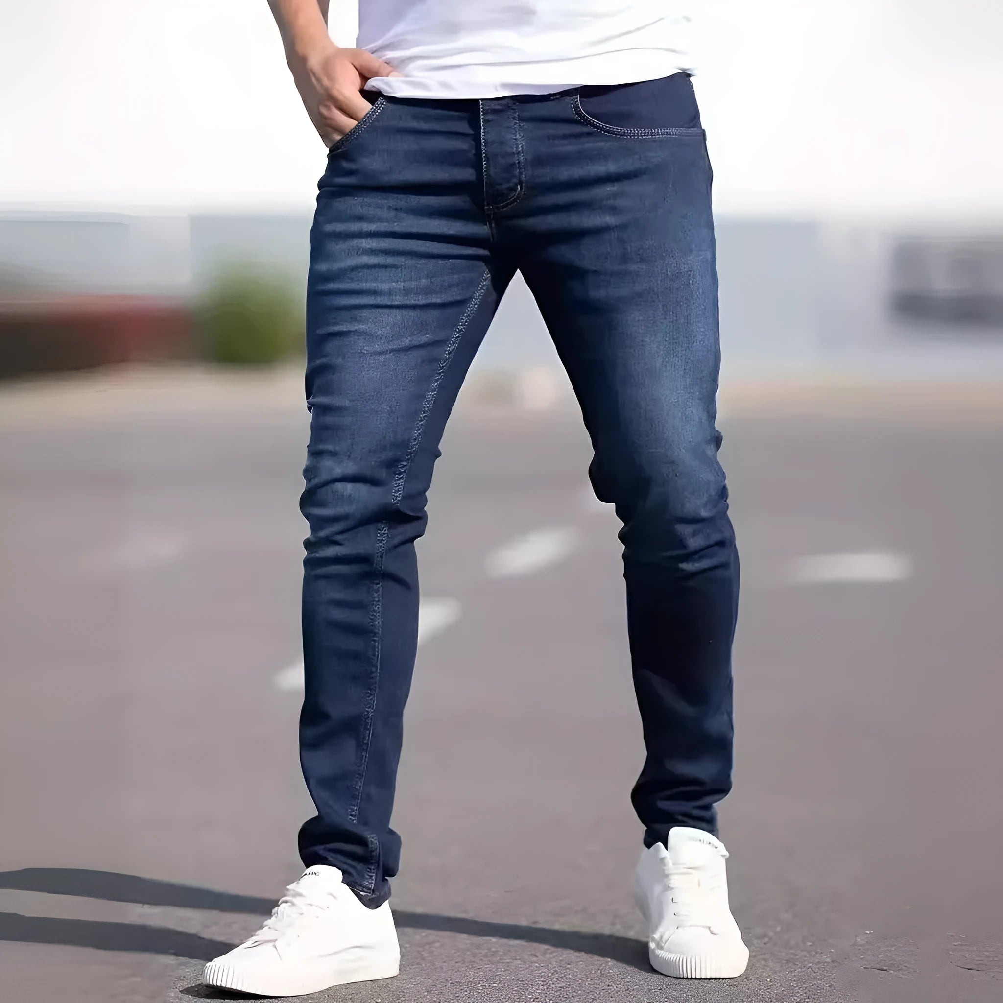 Dark blue men's slim fit skinny jeans with stretch cotton fabric on a mid waist.