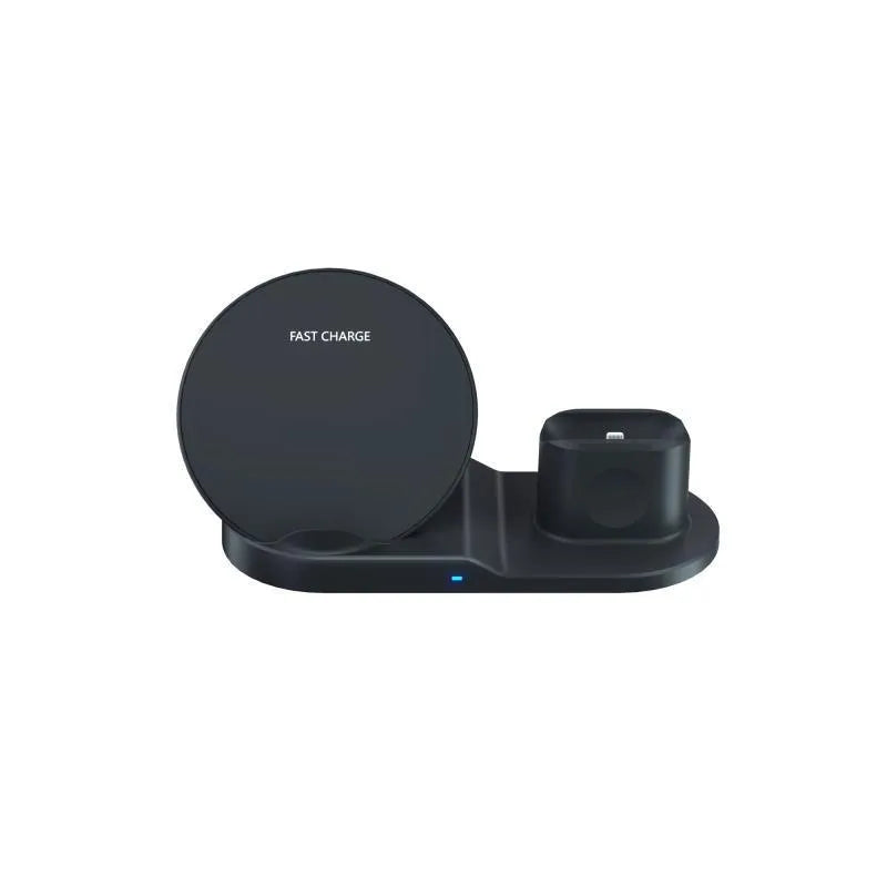 Black three-in-one wireless charger station with phone pad and watch output on a desk, 10W fast charging