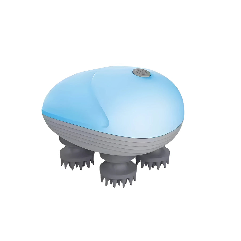 Electric handheld pet massager with four rotating heads in blue, green, red, or white colour