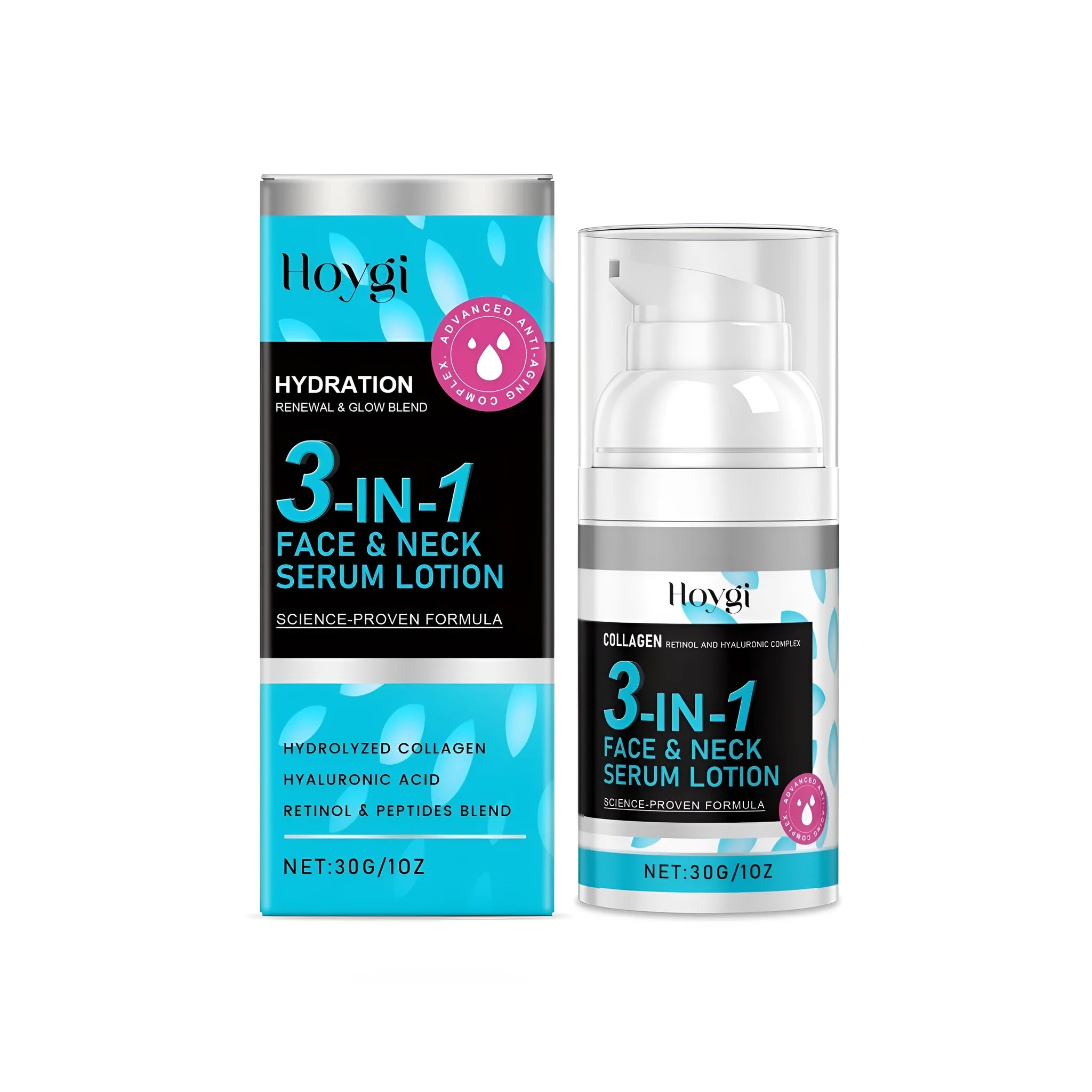 30g container of 3-in-1 face and neck serum lotion with collagen and retinol
