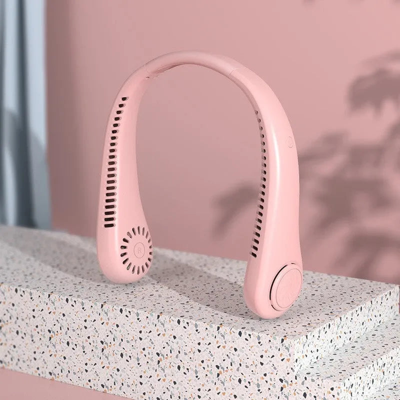 Blue USB rechargeable bladeless neck fan being worn, showing lightweight flexible neckband
