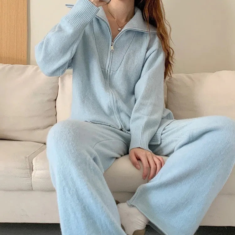 Women's knitted polyester cardigan and wide-leg pants two-piece set in a solid colour.
