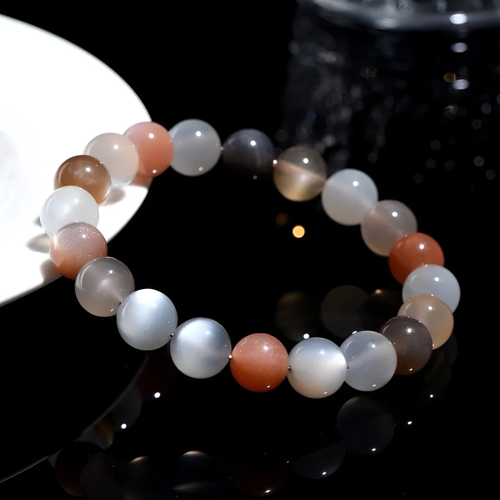 Natural moonstone bracelet with colourful moonlight pattern and 8mm beads