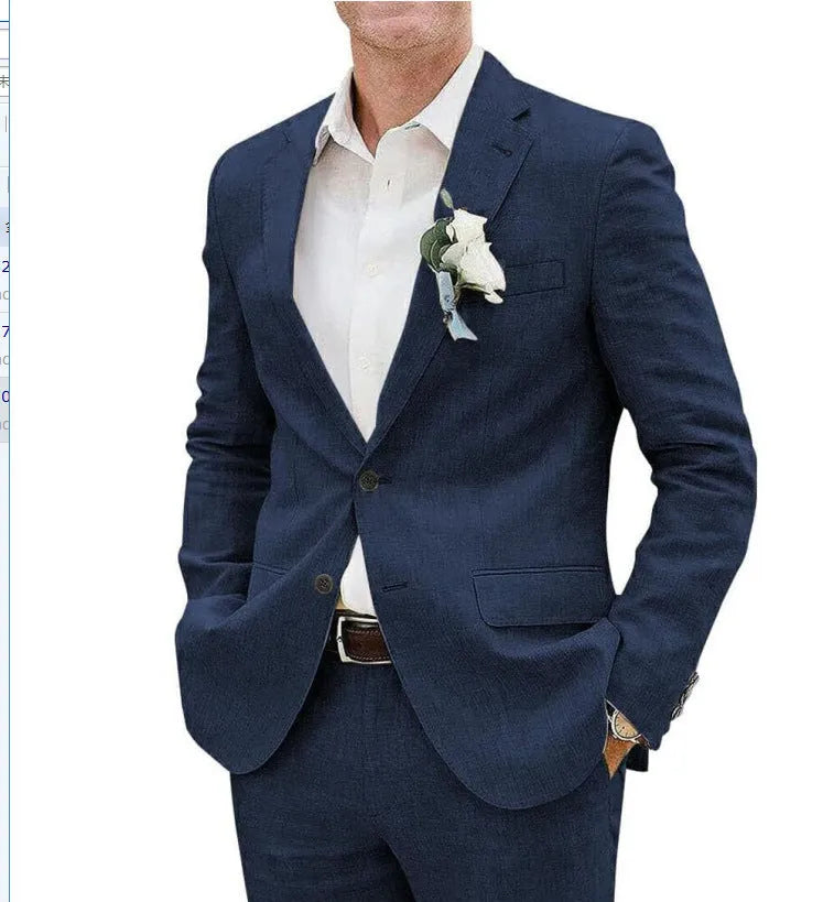 Men's linen blend slim fit business banquet two-piece suit in beige with jacket and trousers