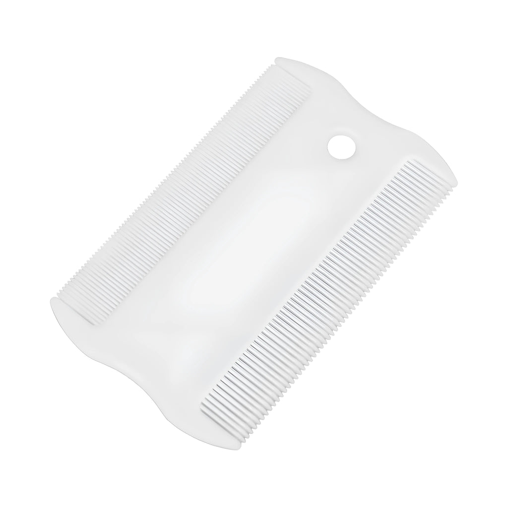 A double-sided plastic flea comb for pets with dense teeth, shown next to a ruler indicating its 5 cm length.