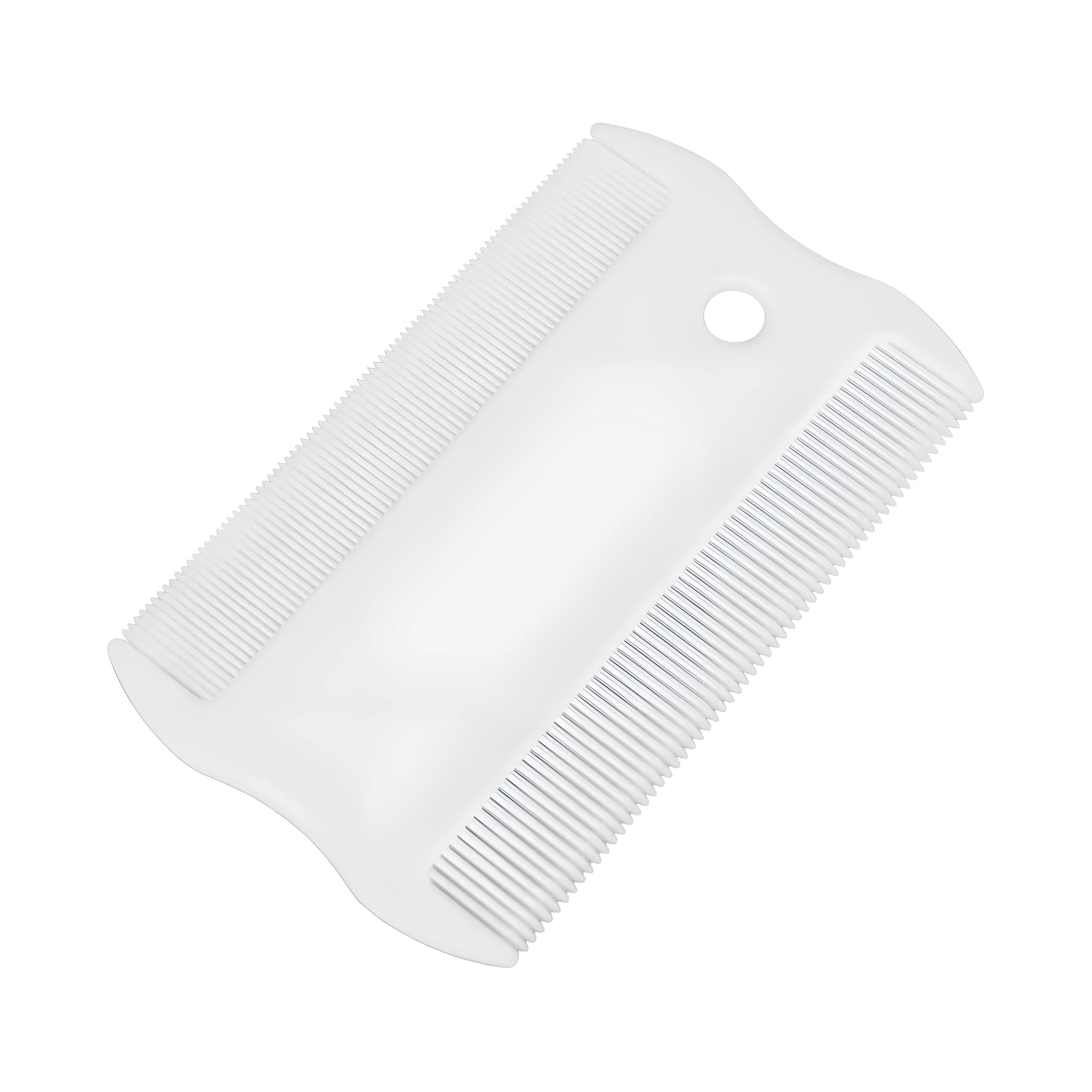 A double-sided plastic flea comb for pets with dense teeth, shown next to a ruler indicating its 5 cm length.