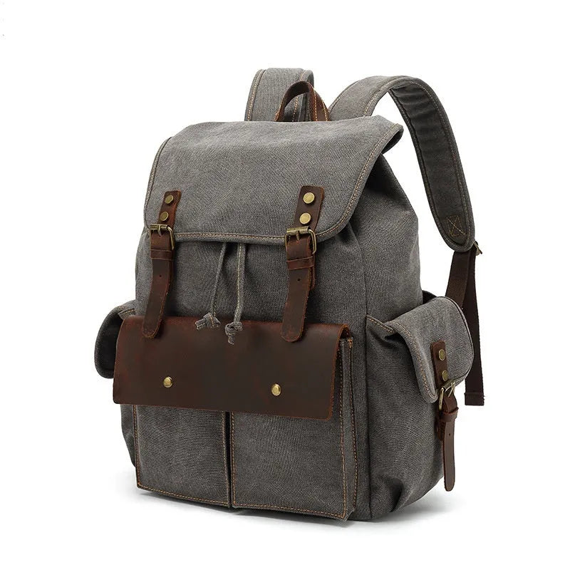 Retro canvas backpack in military green with antique bronze hardware, 33x42x16cm, for 16-inch laptop travel