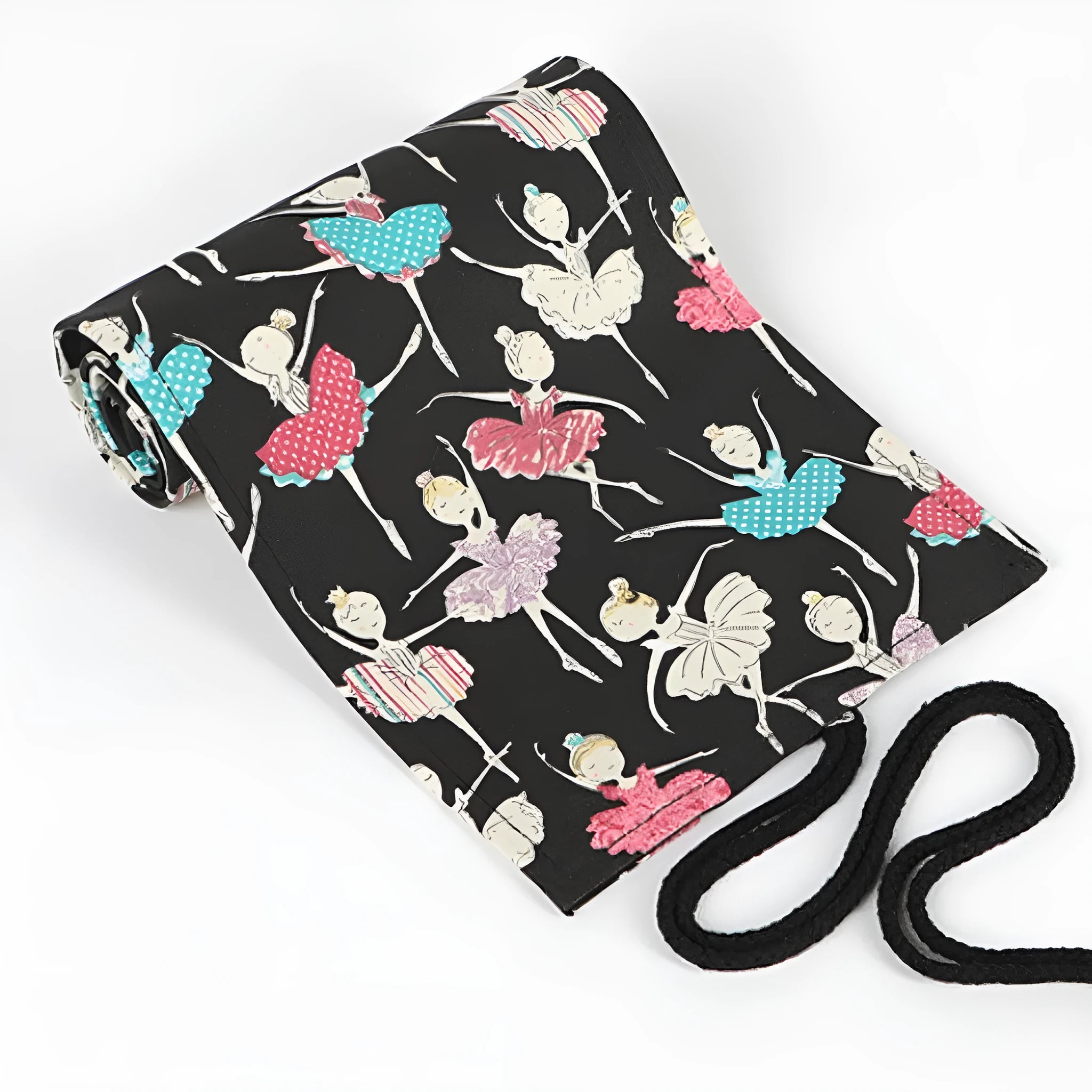 Square canvas pencil case with ballet girl print, showing multiple holes for organising pencils and stationery.