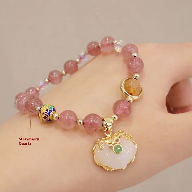 Women's jade geometric bracelet with metal ethnic decoration in Gray Jade and Strawberry Quartz