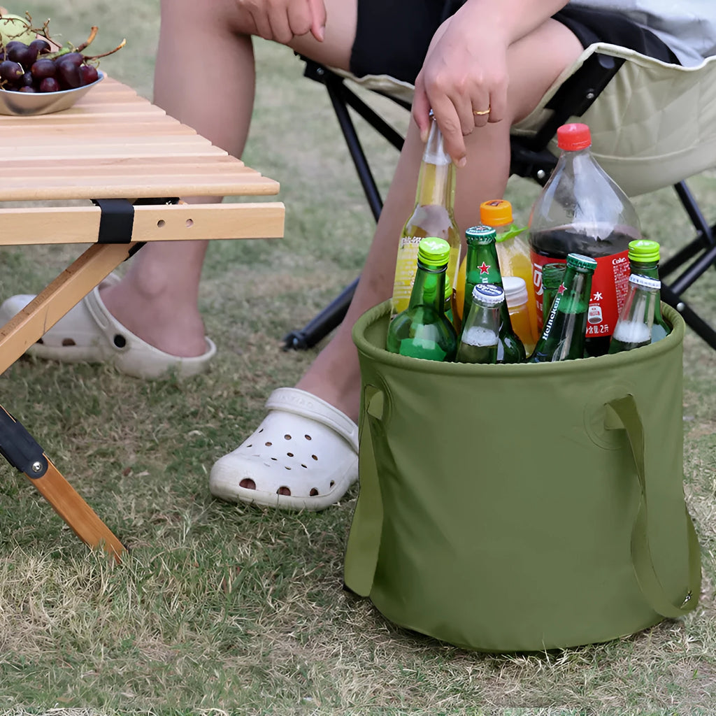 Outdoor folding telescopic duct in army green, 13L size, showing collapsed and extended positions on a plain background