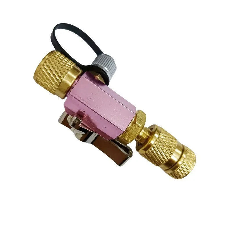 Vacuum valve core disassembly tool set with black 1/4 inch and pink 5/16 inch metal tools