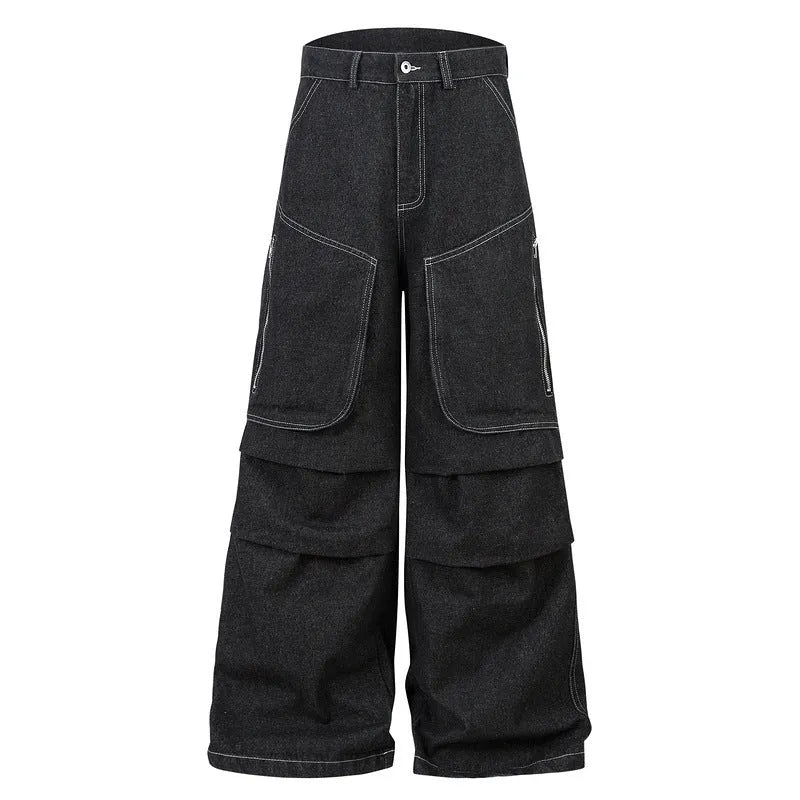 Black multi-pocket pleated workwear jeans made from cotton denim, mid-waist, zip placket, on display for teenagers