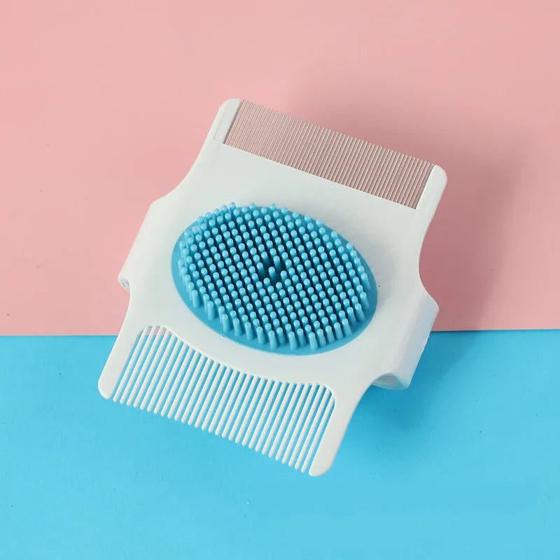 Multifunctional pet comb for dog grooming in Blue or Green measuring 8.5cm x 7.5cm x 2.5cm for flea and hair removal.