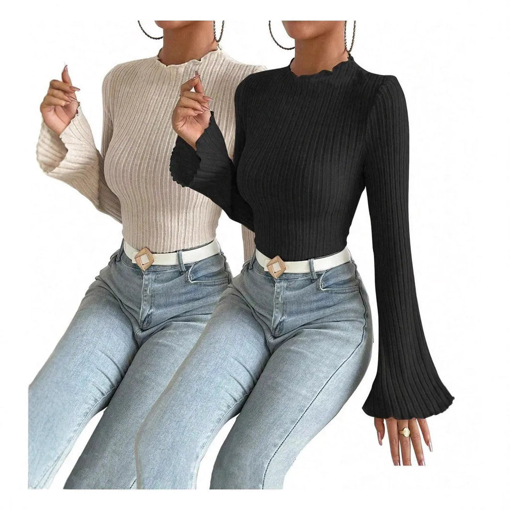 Long sleeve round neck top with lantern sleeves in black colour, loose fit casual styling
