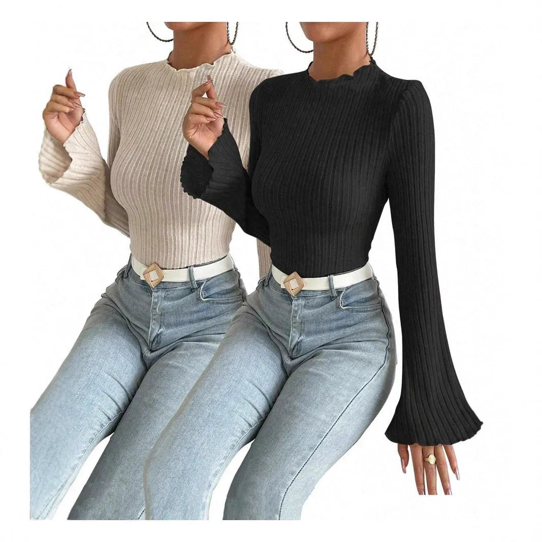 Long sleeve round neck top with lantern sleeves in black colour, loose fit casual styling