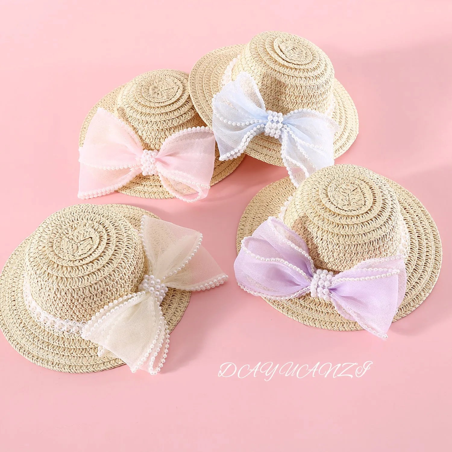 Pink pearl butterfly bow woven straw cat hat for pets with Lafite leaves material