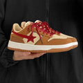 Brown PU low-top platform sneakers with sequins, round toe, and rubber sole for women