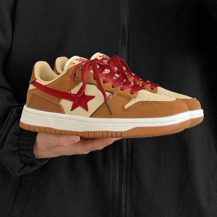 Brown PU low-top platform sneakers with sequins, round toe, and rubber sole for women