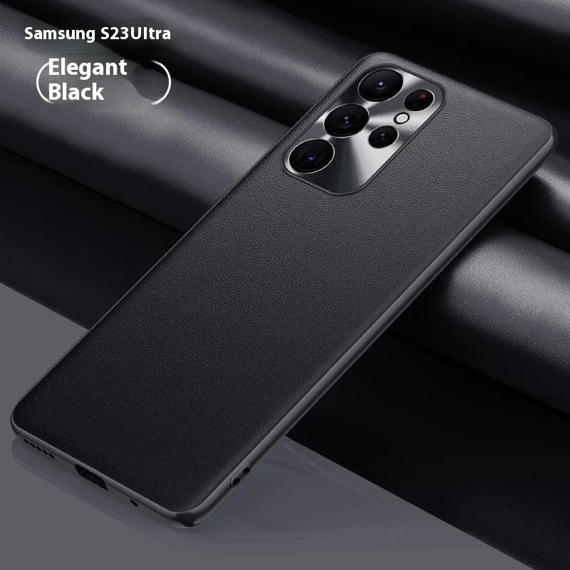 Leather phone case with metal lens ring and leather pattern for Samsung, available in Athens Black