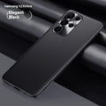 Leather phone case with metal lens ring and leather pattern for Samsung, available in Athens Black