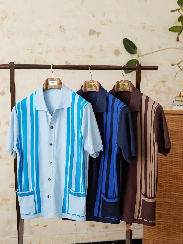 Short-sleeved striped knitted cardigan polo shirt with lapel collar in light blue, royal blue, and brown.