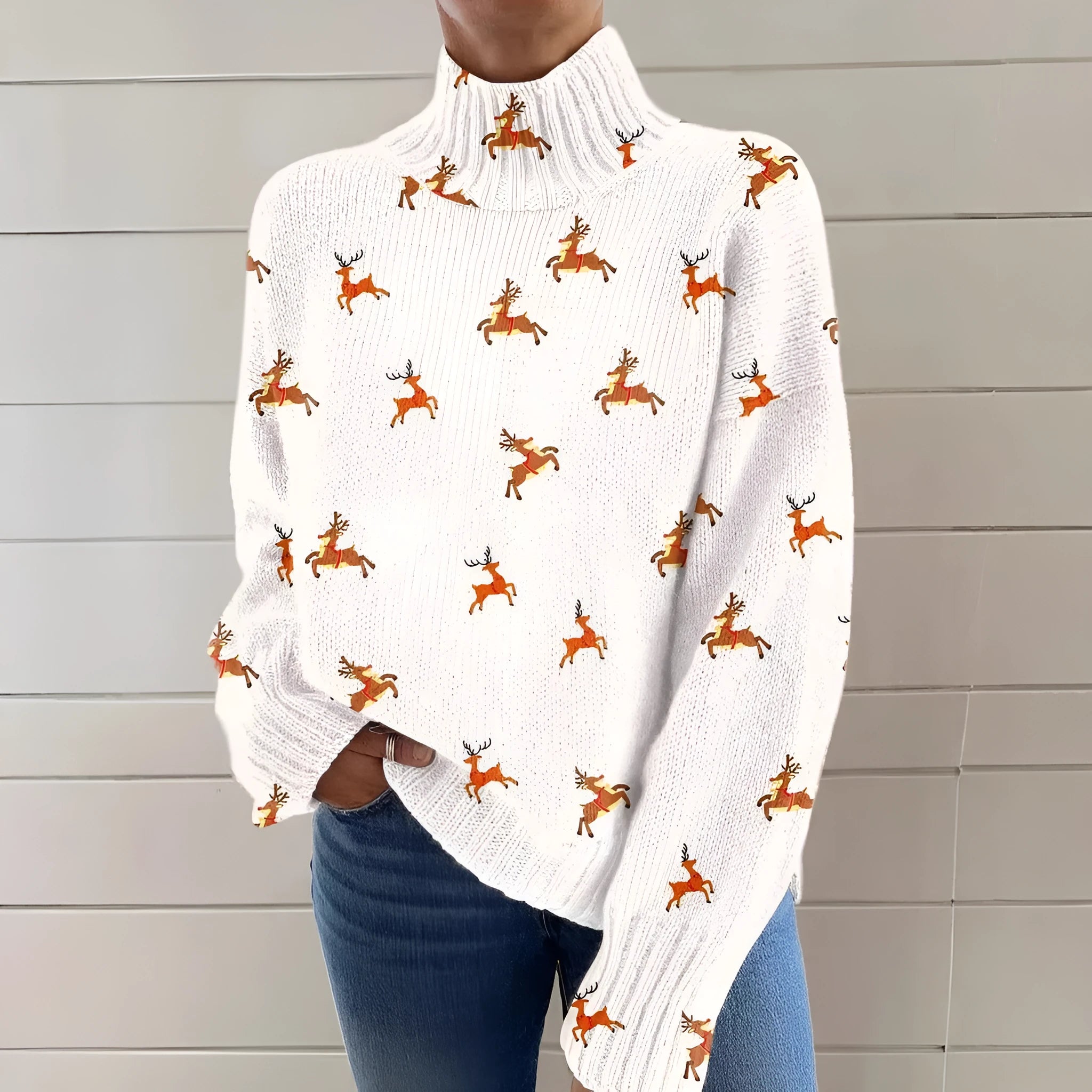Women's loose fit Christmas printed turtleneck sweater in a macaron colour, showcasing the painting pattern and long sleeves.