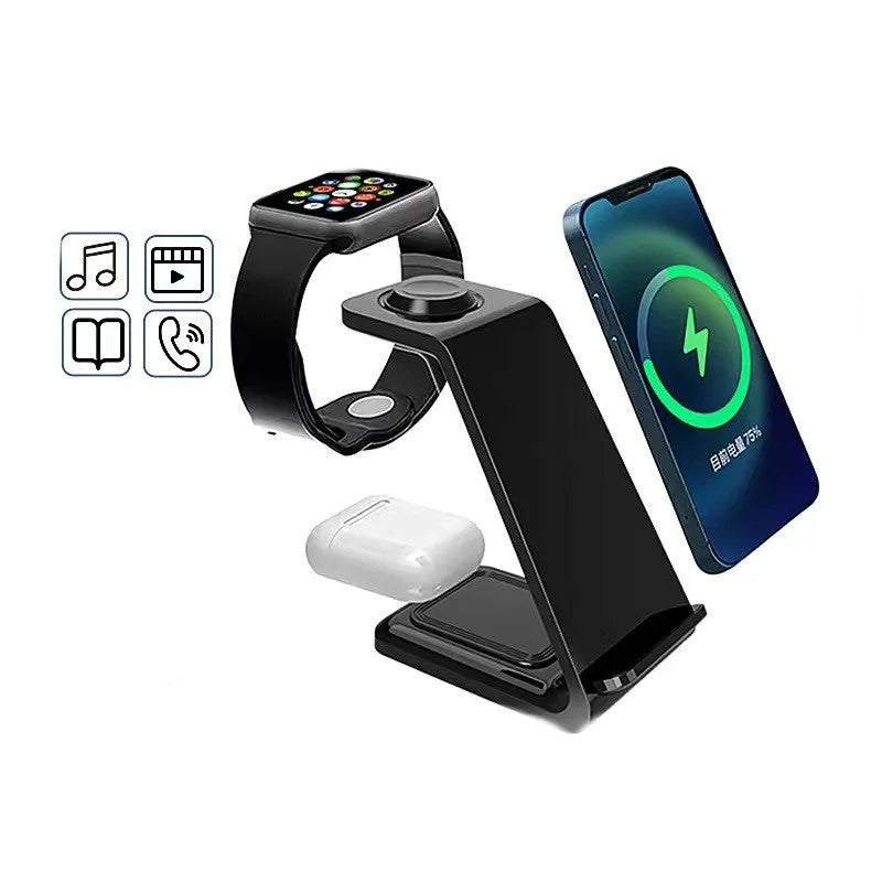 White 3-in-1 upright wireless phone charger holder with Type-C cable on desk