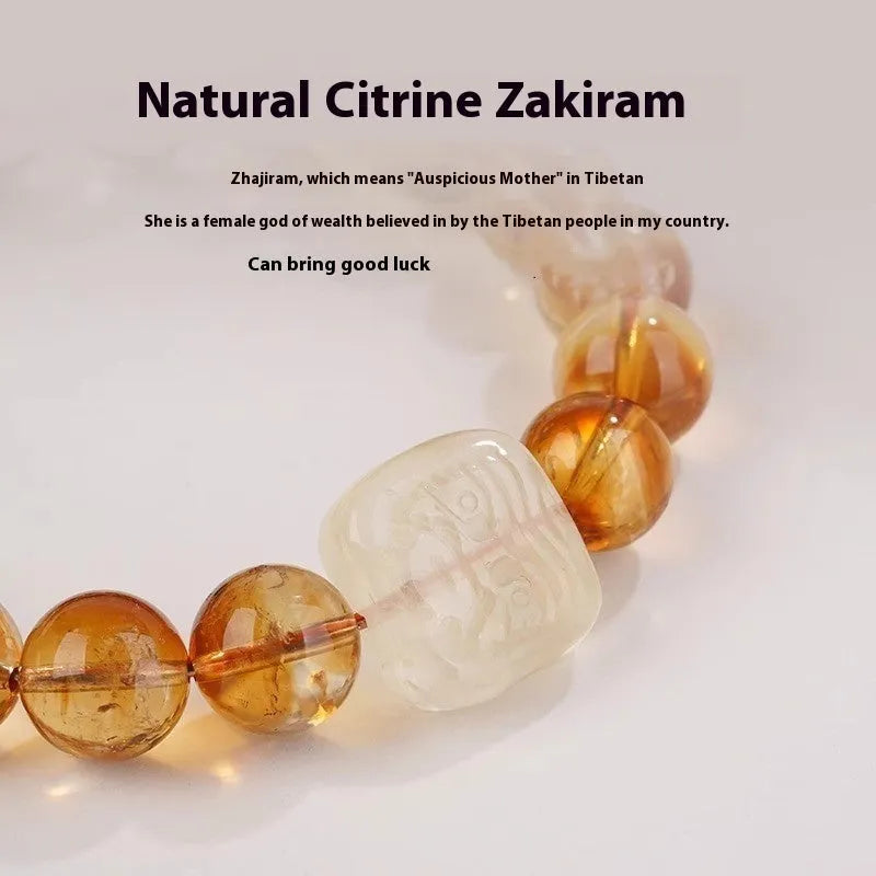 Women's carved citrine crystal bracelet with 10mm geometric beads in ethnic style