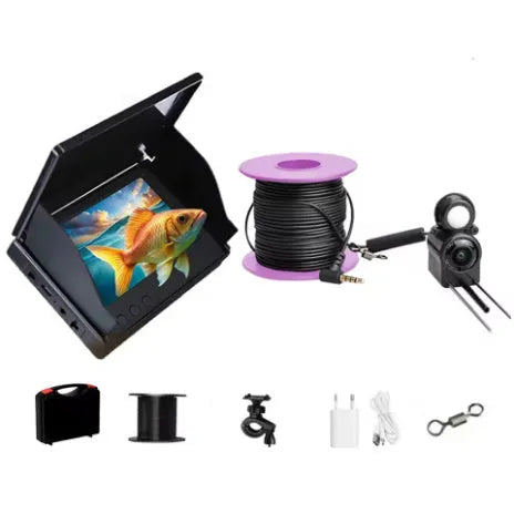 Fish finder underwater camera with 4.3 inch screen, showing HD underwater view with night vision lights on.