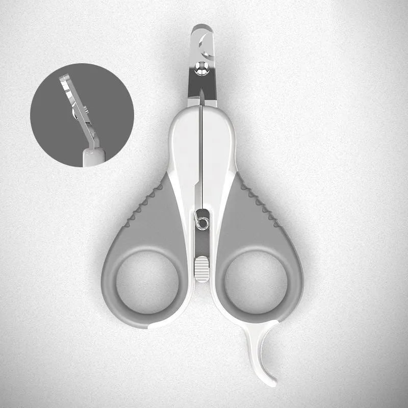 Grey and pink angled pet nail clippers with safety guard and rubber handle.