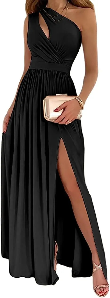 Women's apricot one shoulder maxi dress with high split and cutout detail on mannequin