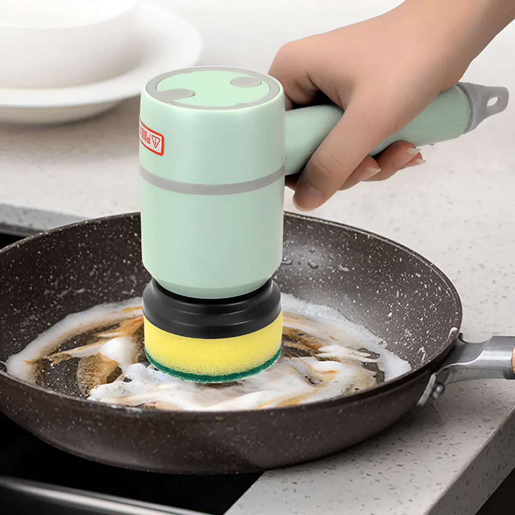 Electric cleaning brush with multifunctional scouring pad head, white plastic body, and three speed gear buttons on handle