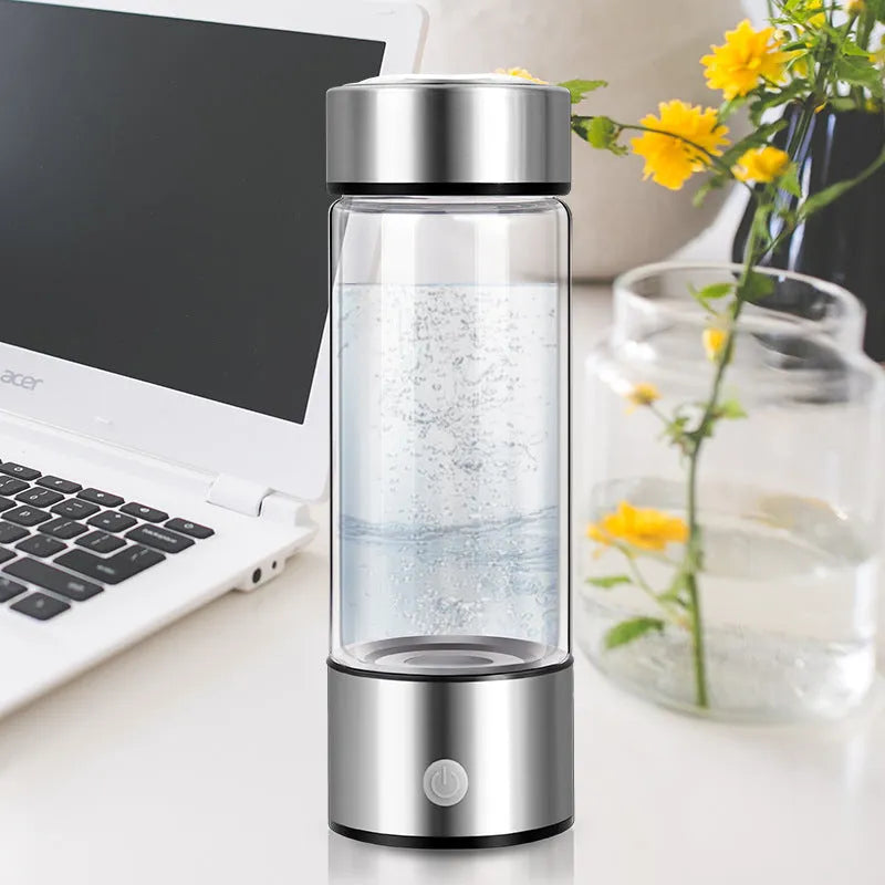 Hydrogen water bottle with electric generator, borosilicate glass, 500ml capacity, silver colour