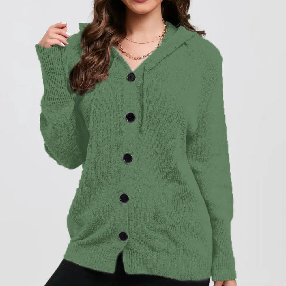 Women's loose fit hooded cotton cardigan sweater in a solid colour with long sleeves.