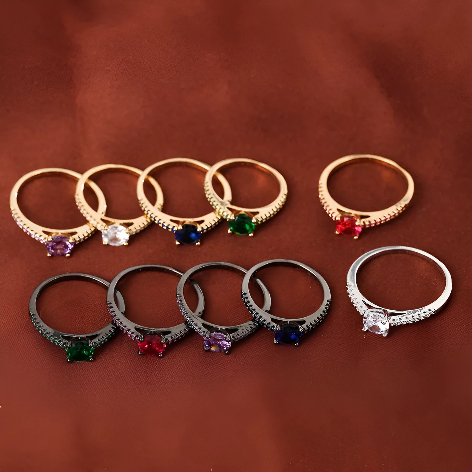 Copper hexagonal geometric ring with electroplated colour finish and CZ stone.