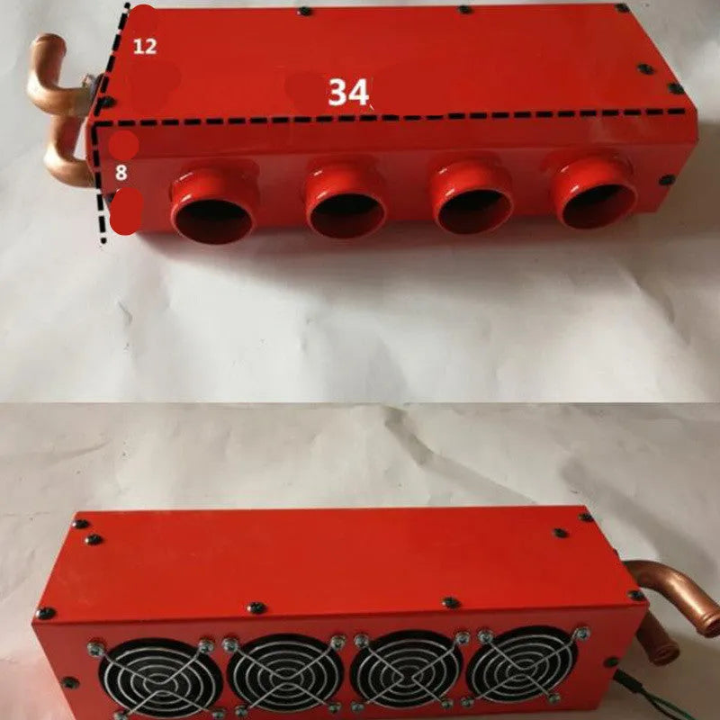Metal car heater unit with long small four-hole copper pipe for 12V or 24V vehicle installation.