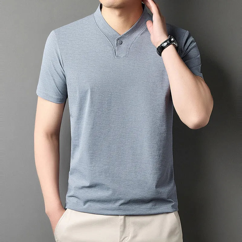 Young men's short sleeve polyester blend T-shirt with zipper fastening in khaki colour, regular fit