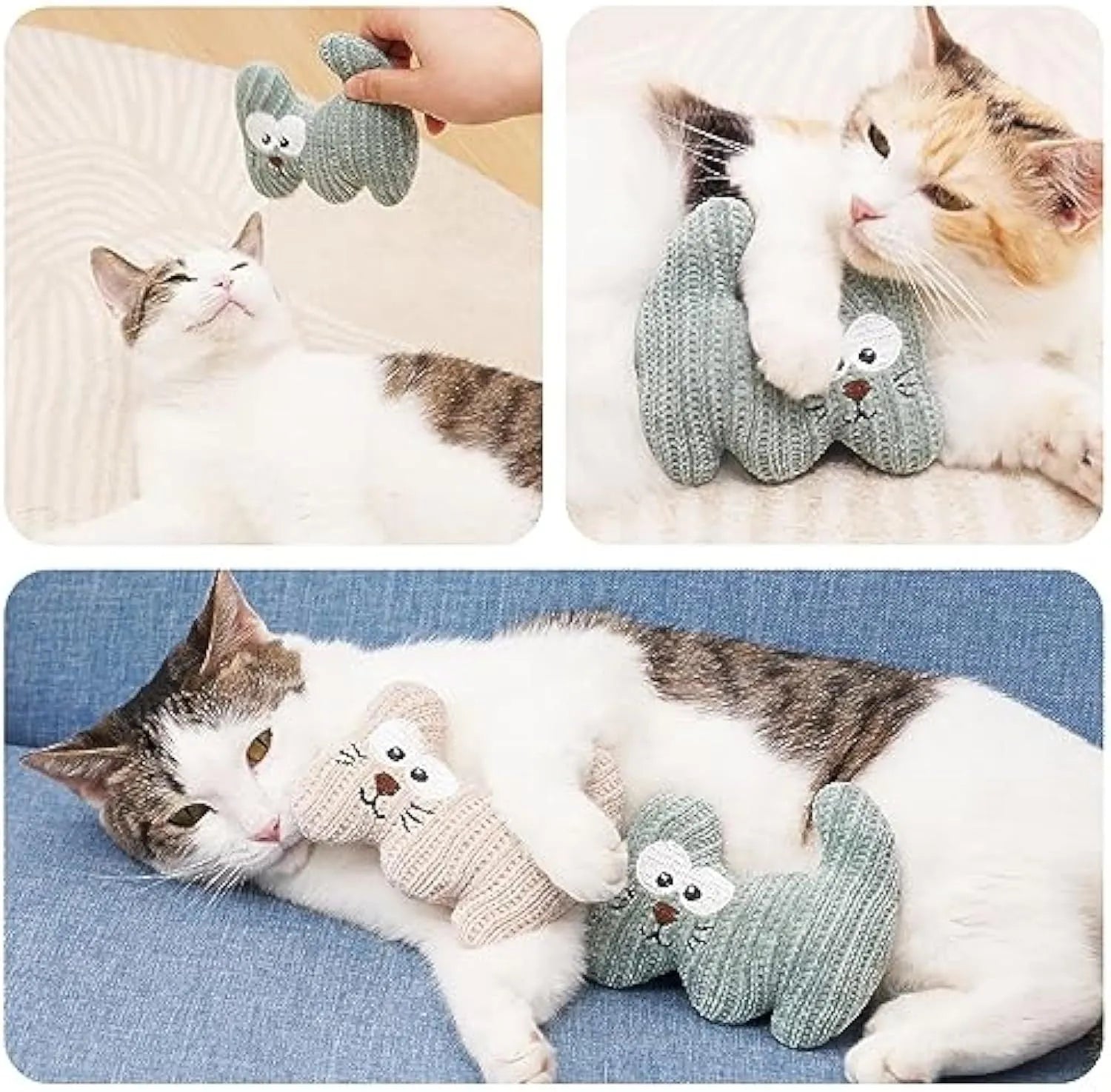 Cyan knitted plush catnip toy with bell, sized 12 by 11 centimetres.