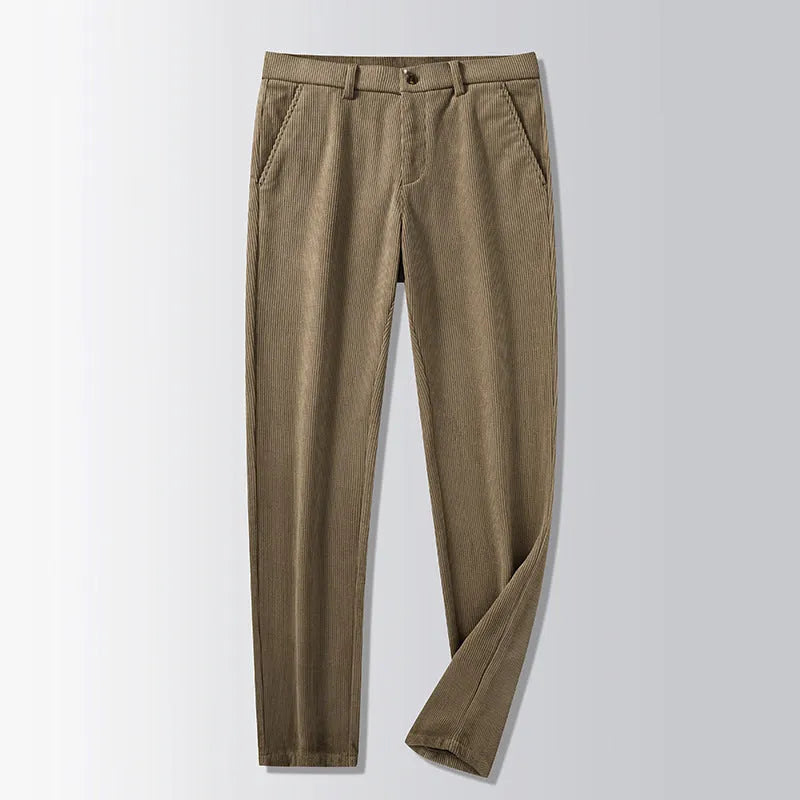 British retro style straight-leg striped trousers in a neutral colour on a hanger.