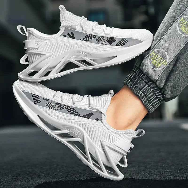 Men's breathable fly woven mesh casual exercise shoes in solid colour with lace-up closure and embroidery detail