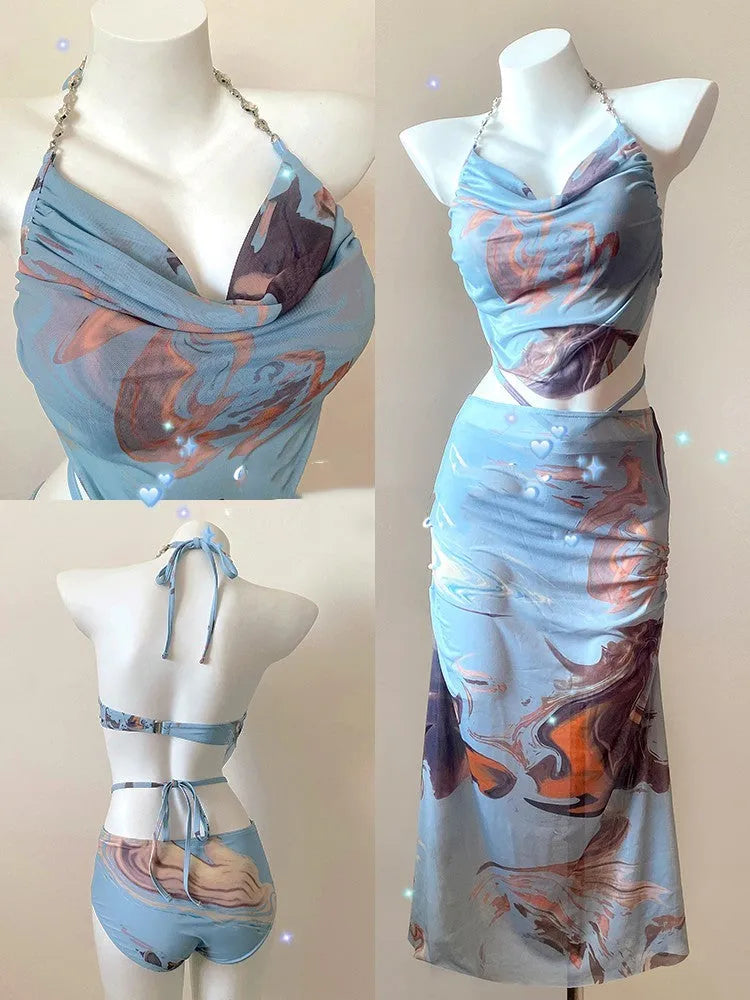 Women's three-piece bikini swimsuit in blue printing with steel support push-up bra and matching skirt