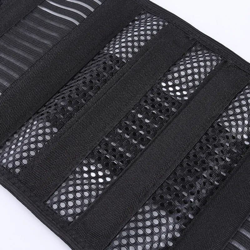 Black sports waist support belt with a visible steel plate insert for lumbar decompression during fitness activities.