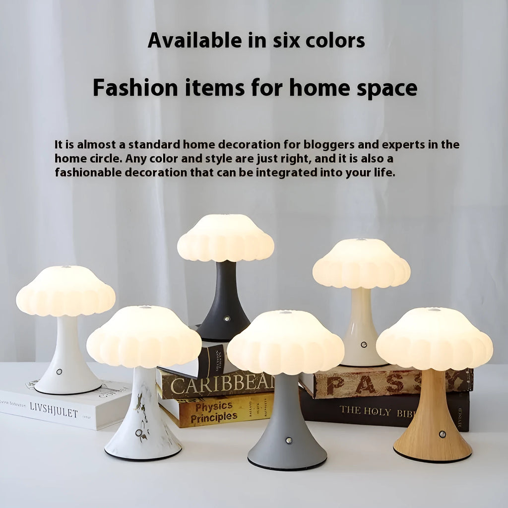 Small mushroom-shaped night lamp in wood grain colour with USB charging port and touch control.