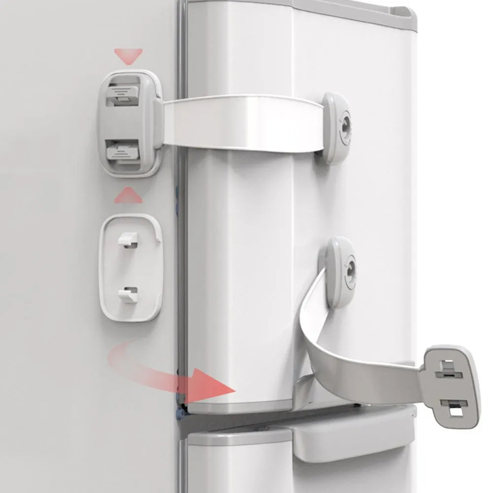 Gray child safety lock with adjustable strap attached to a cabinet handle, 53 x 112 x 16mm