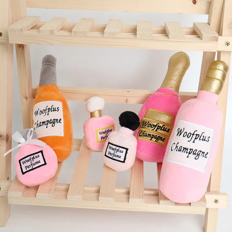 Plush wine bottle dog toy with squeaker in assorted colours