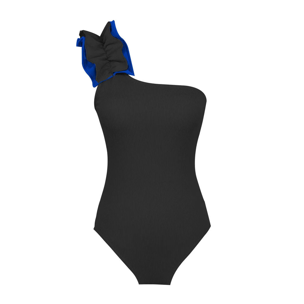 Women's single-shoulder one-piece swimsuit with a suspender strap in a solid colour.
